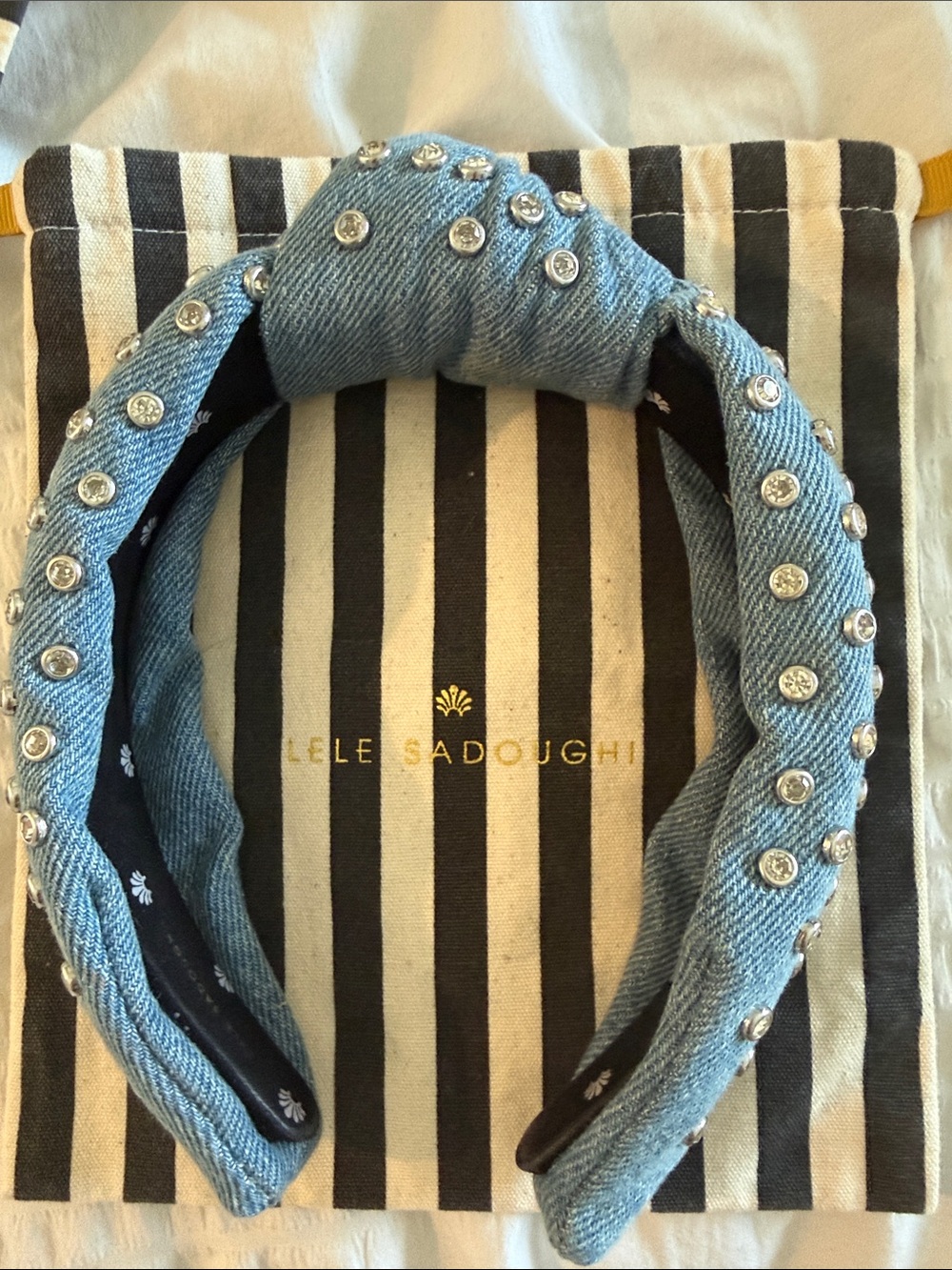 Lele Sadoughi Light Blue Denim Crystal-Embellished Knotted Headband